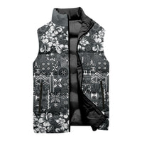 Black Hawaiian Tapa Tribal Hibiscus Sleeveless Puffer Jacket