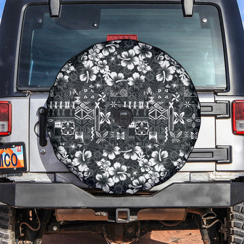 Black Hawaiian Tapa Tribal Hibiscus Spare Tire Cover