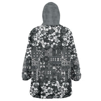 Black Hawaiian Tapa Tribal Hibiscus Wearable Blanket Hoodie