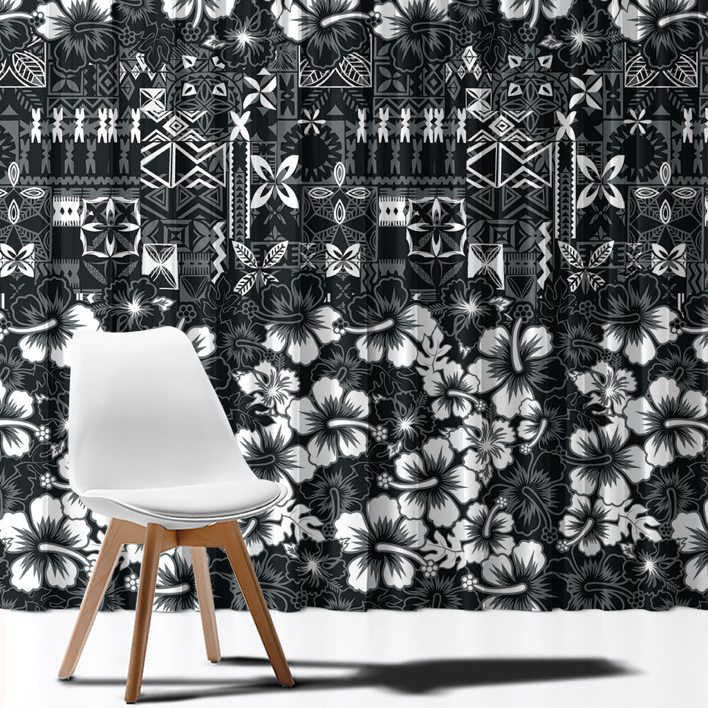Black Hawaiian Tapa Tribal Hibiscus Window Curtain