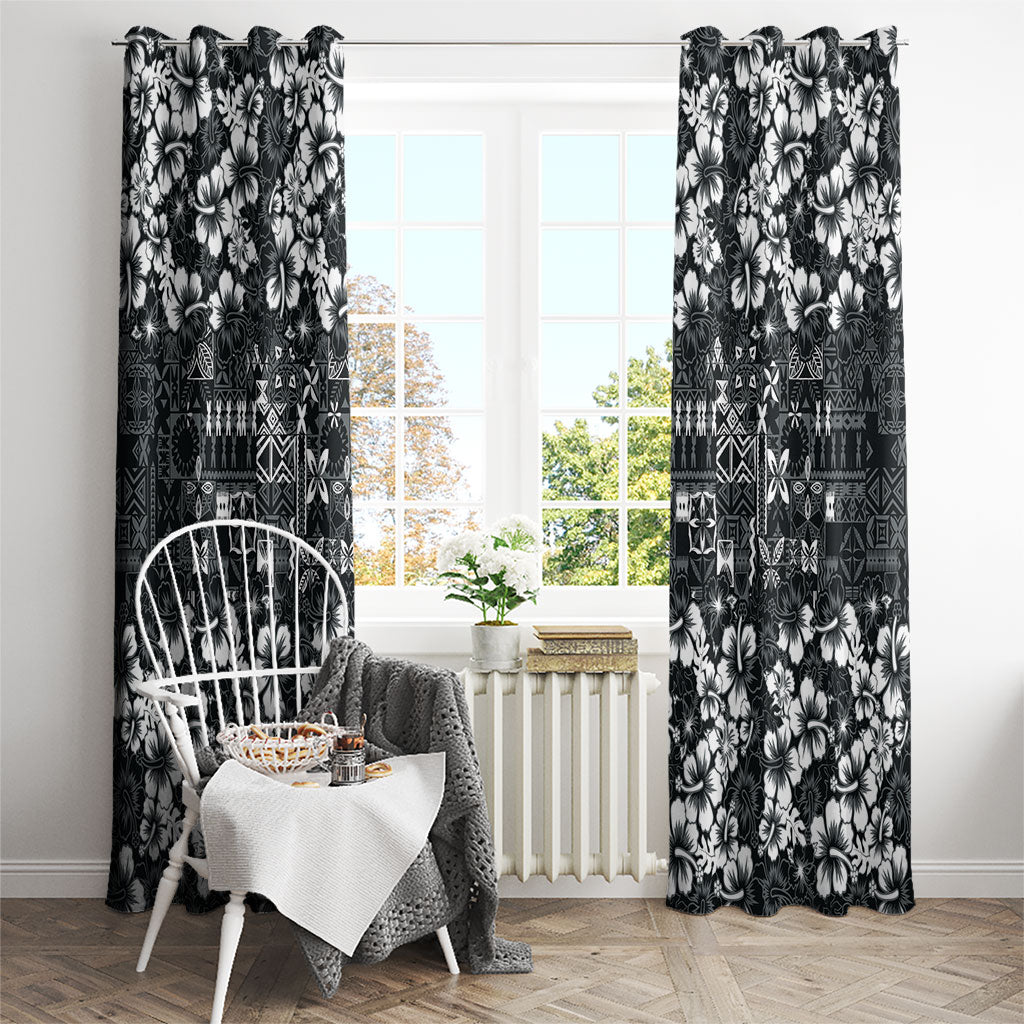 Black Hawaiian Tapa Tribal Hibiscus Window Curtain