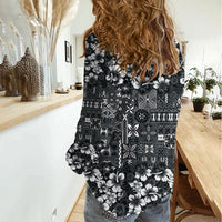 Black Hawaiian Tapa Tribal Hibiscus Women Casual Shirt