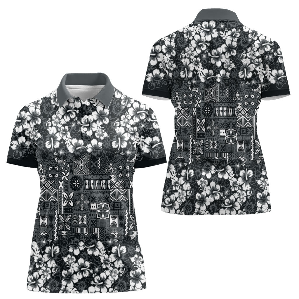 Black Hawaiian Tapa Tribal Hibiscus Women Polo Shirt