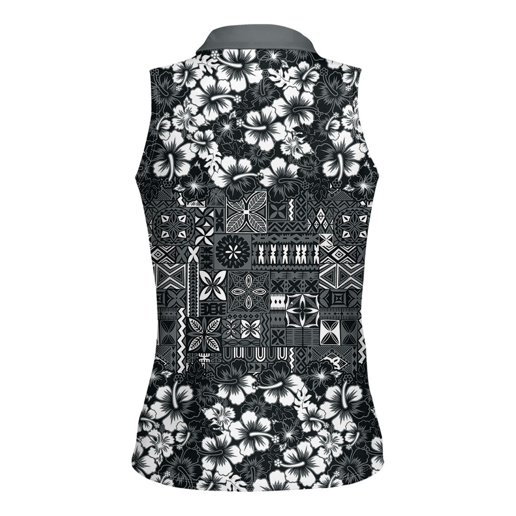 Black Hawaiian Tapa Tribal Hibiscus Women Sleeveless Polo Shirt