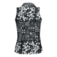 Black Hawaiian Tapa Tribal Hibiscus Women Sleeveless Polo Shirt