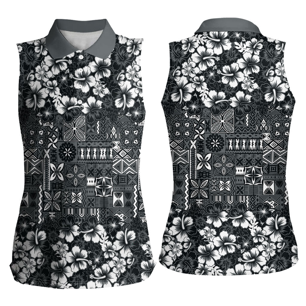 Black Hawaiian Tapa Tribal Hibiscus Women Sleeveless Polo Shirt