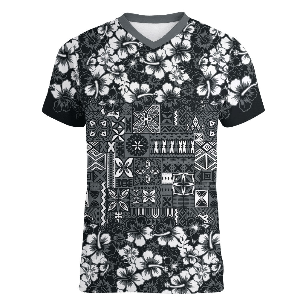 Black Hawaiian Tapa Tribal Hibiscus Women V-Neck T-Shirt