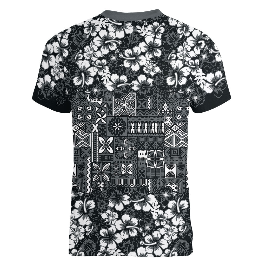 Black Hawaiian Tapa Tribal Hibiscus Women V-Neck T-Shirt