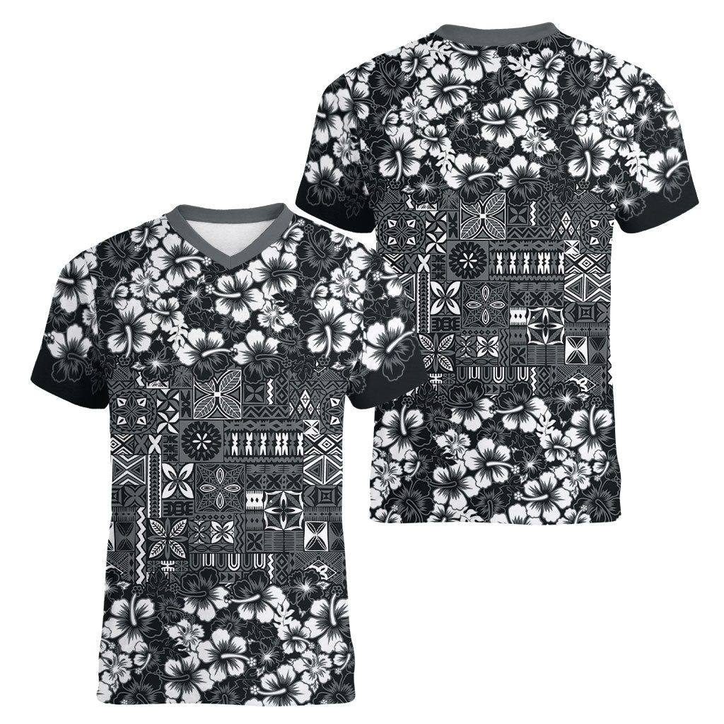 Black Hawaiian Tapa Tribal Hibiscus Women V-Neck T-Shirt