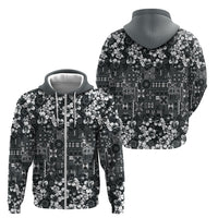 Black Hawaiian Tapa Tribal Hibiscus Zip Hoodie
