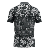 Black Hawaiian Tapa Tribal Hibiscus Zipper Polo Shirt