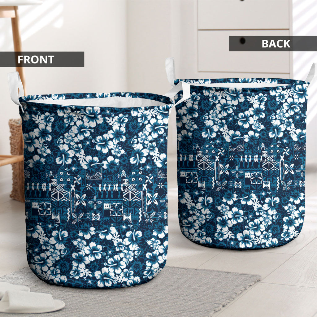 Blue Hawaiian Tapa Tribal Hibiscus Laundry Basket
