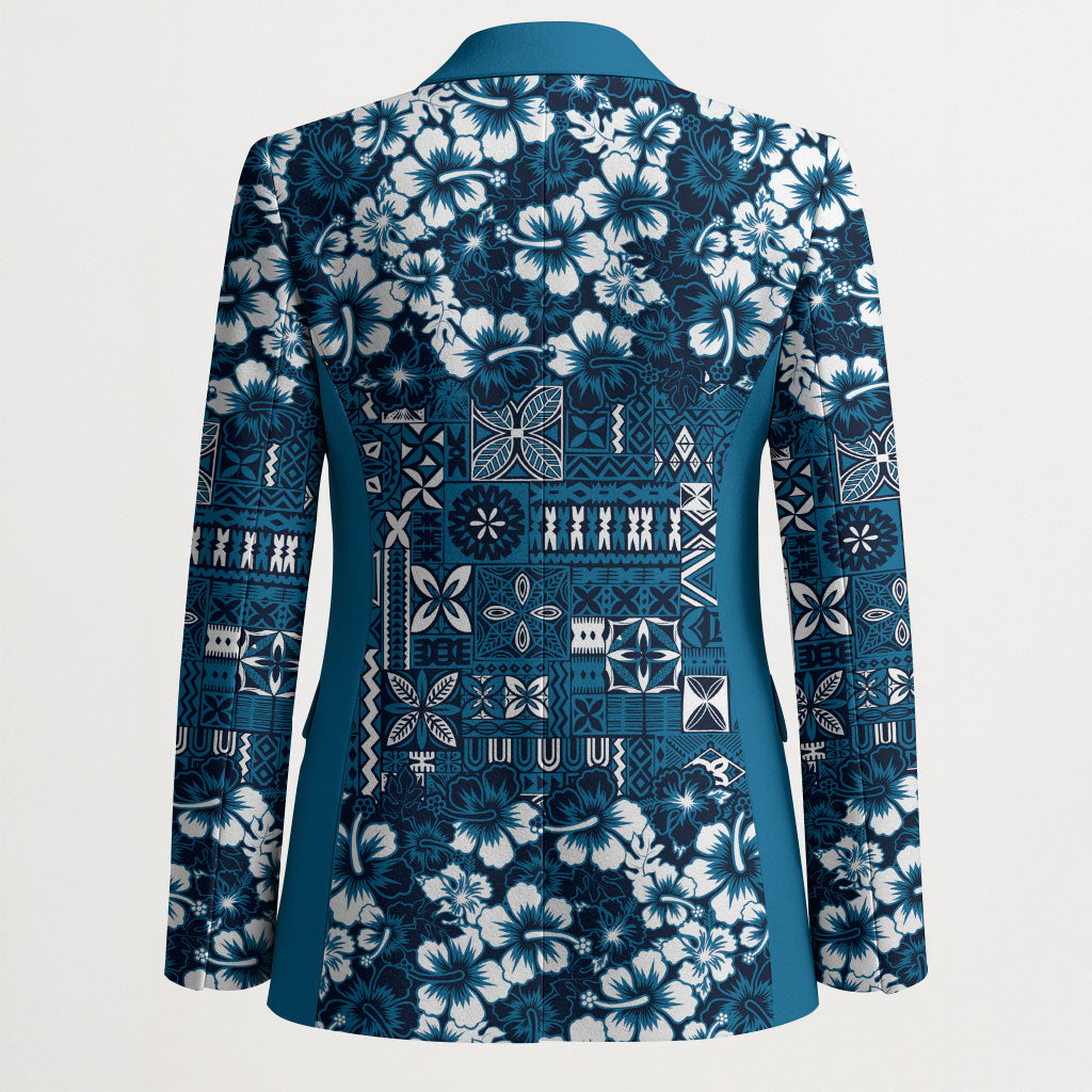 Blue Hawaiian Tapa Tribal Hibiscus Blazer