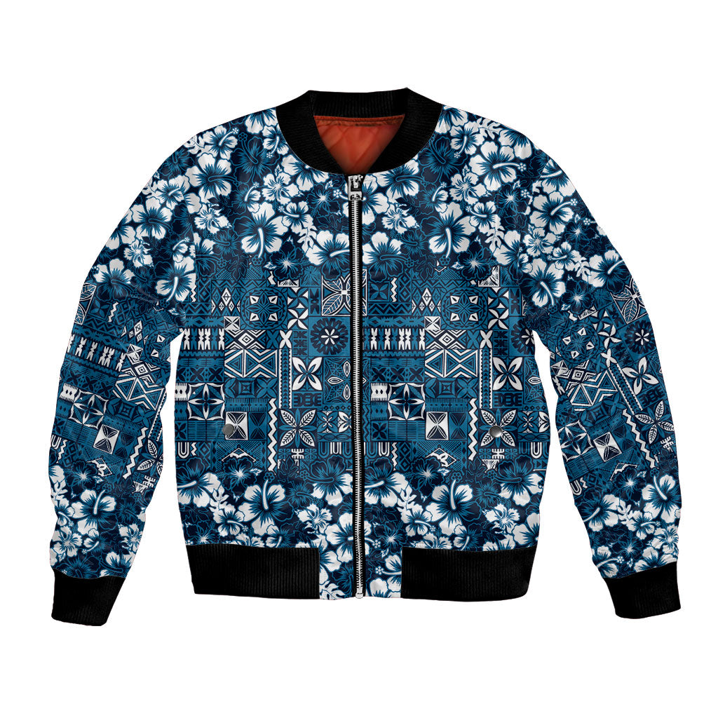 Blue Hawaiian Tapa Tribal Hibiscus Bomber Jacket LT9 Unisex Blue - Polynesian Pride