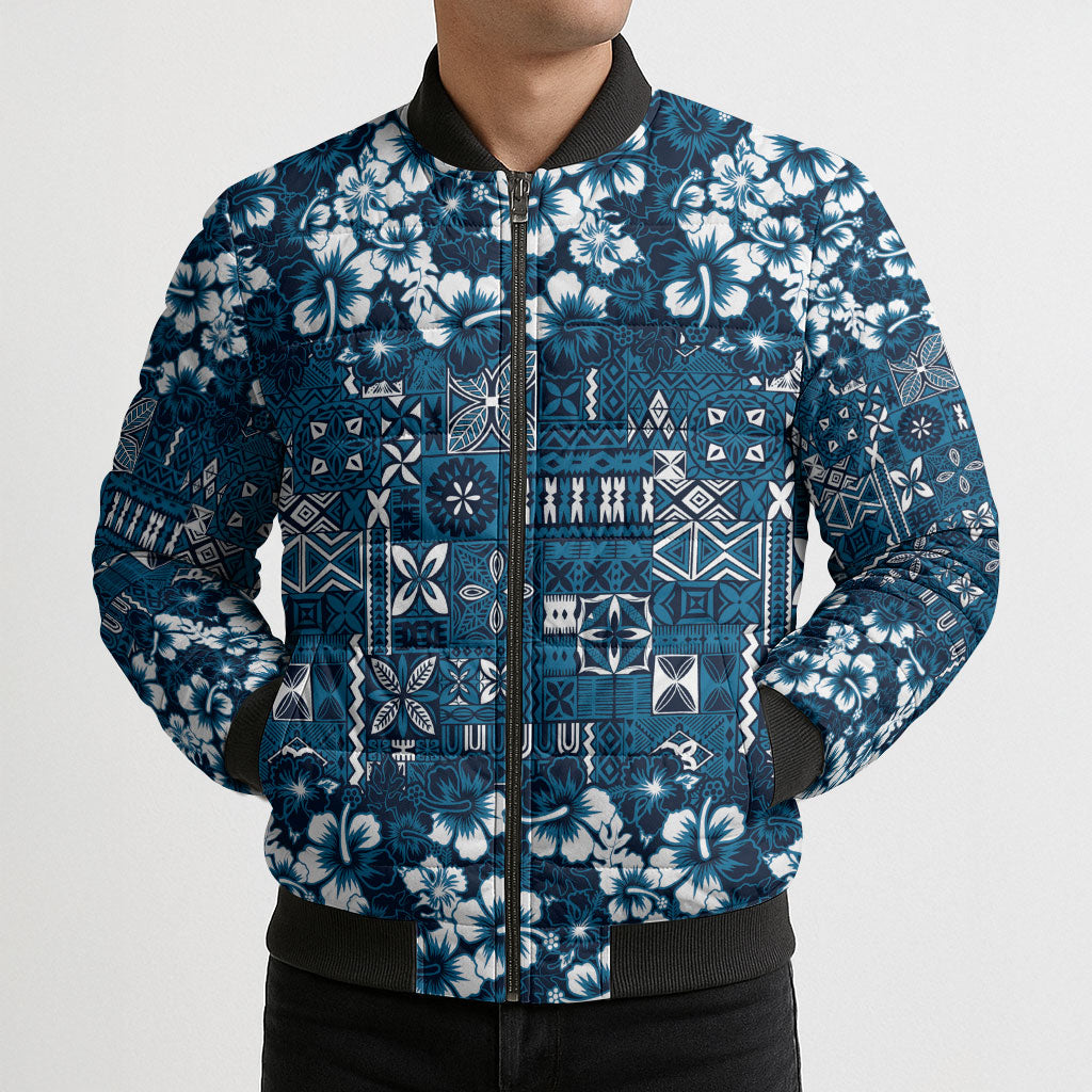 Blue Hawaiian Tapa Tribal Hibiscus Bomber Puffer Jacket