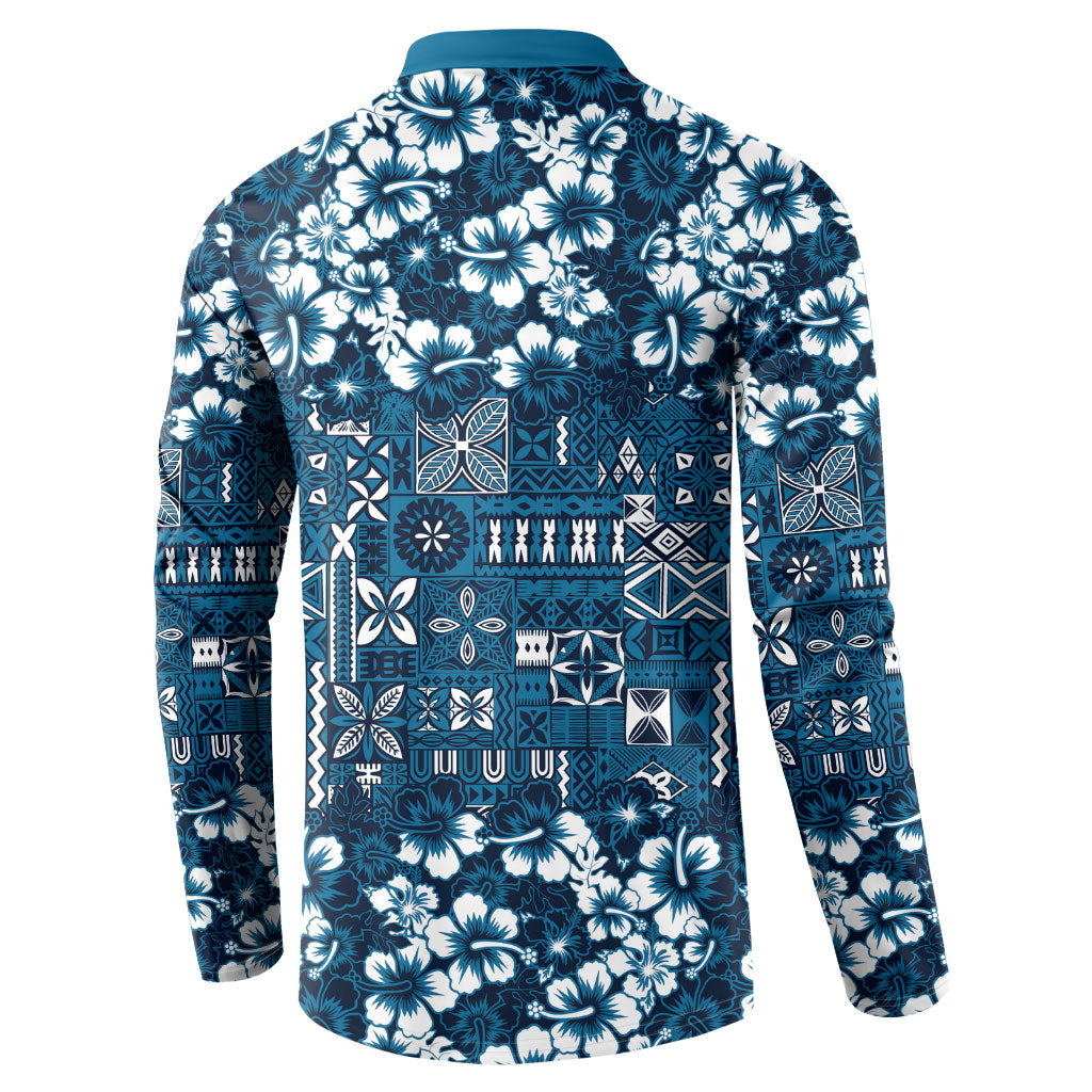 Blue Hawaiian Tapa Tribal Hibiscus Button Sweatshirt