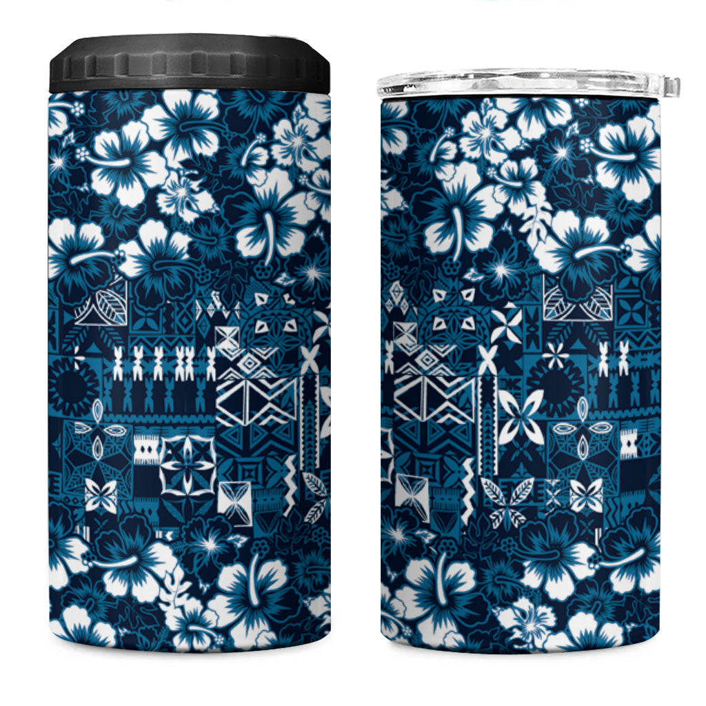Blue Hawaiian Tapa Tribal Hibiscus 4 in 1 Can Cooler Tumbler