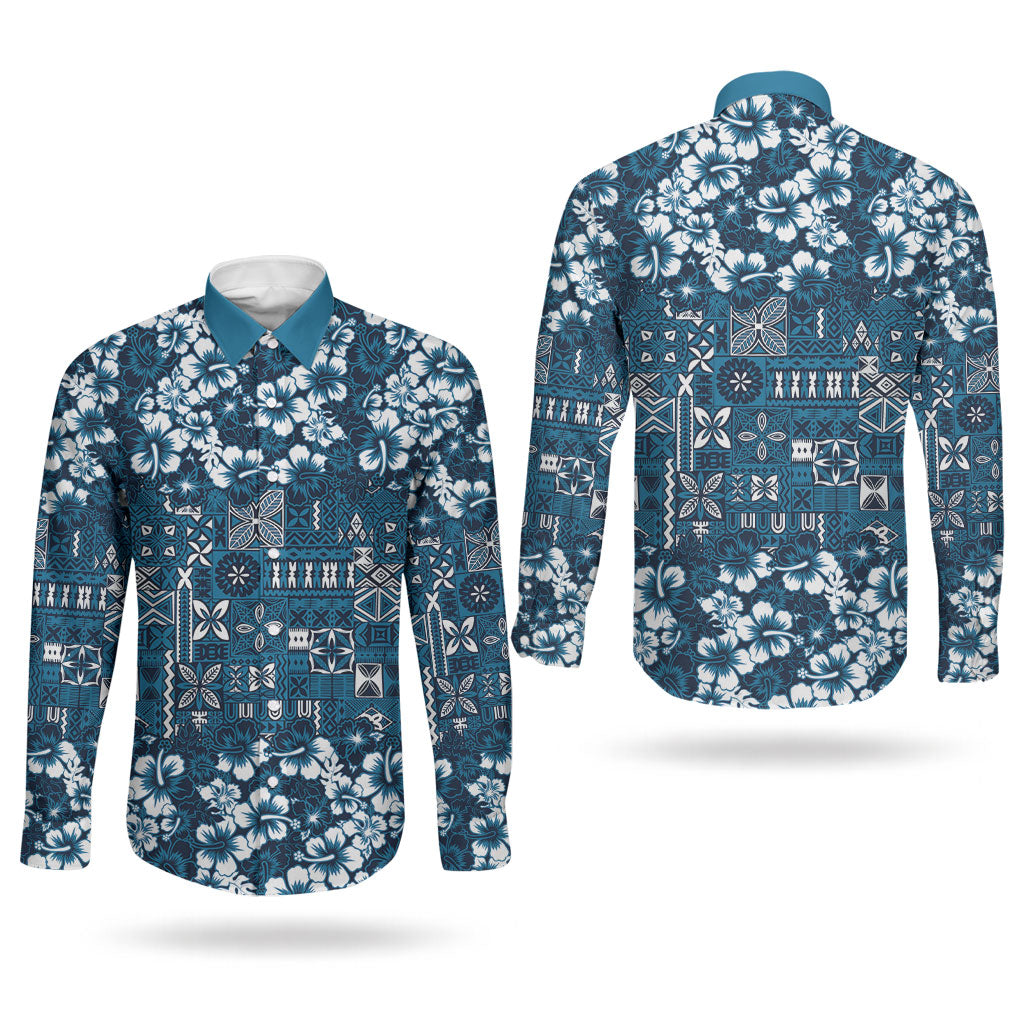 Blue Hawaiian Tapa Tribal Hibiscus Couples Matching Mermaid Dress and Long Sleeve Button Shirt