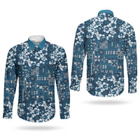Blue Hawaiian Tapa Tribal Hibiscus Couples Matching Mermaid Dress and Long Sleeve Button Shirt