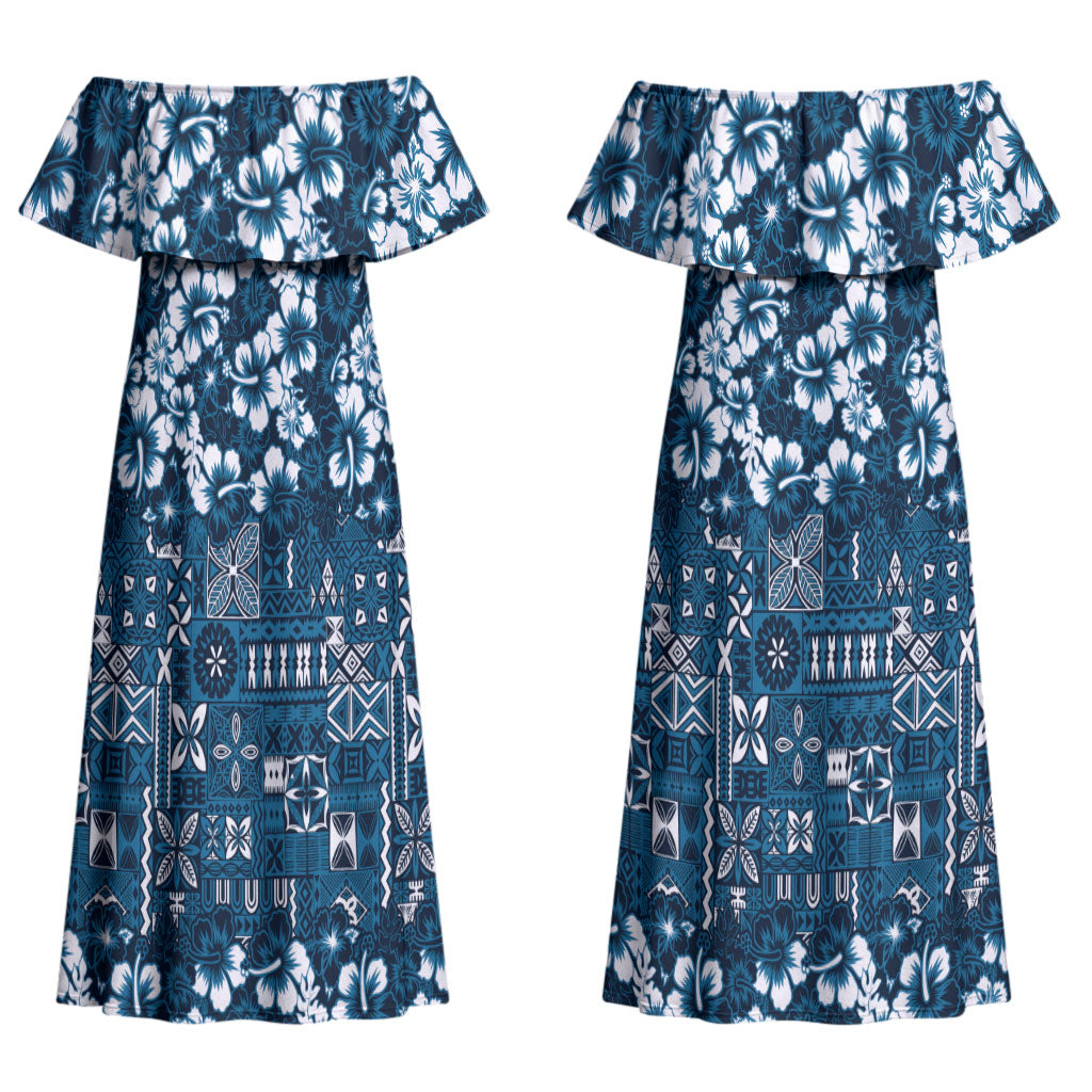 Blue Hawaiian Tapa Tribal Hibiscus Couples Matching Off Shoulder Maxi Dress and Hawaiian Shirt