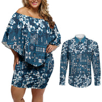 Blue Hawaiian Tapa Tribal Hibiscus Couples Matching Off Shoulder Short Dress and Long Sleeve Button Shirt