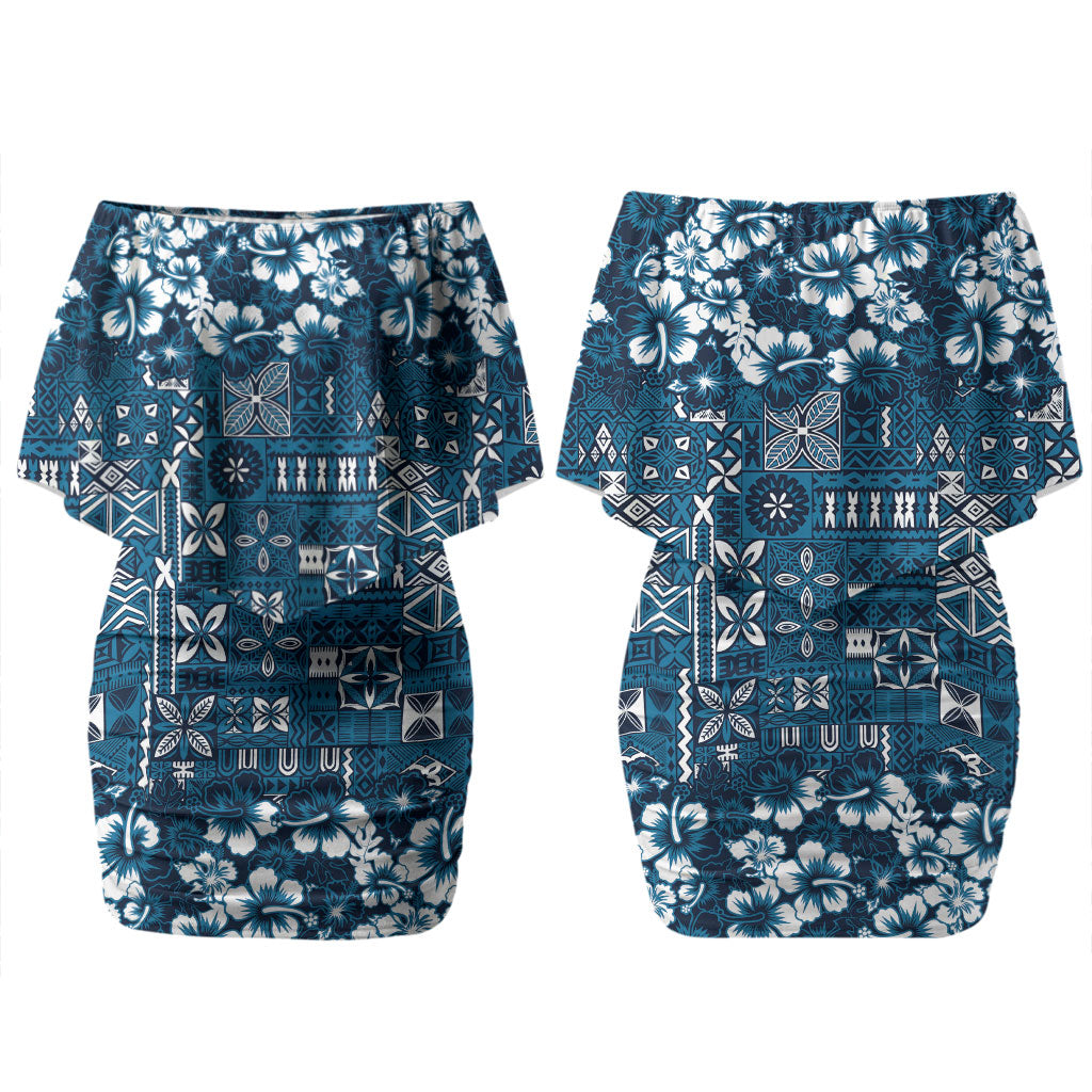 Blue Hawaiian Tapa Tribal Hibiscus Couples Matching Off Shoulder Short Dress and Long Sleeve Button Shirt