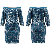 Blue Hawaiian Tapa Tribal Hibiscus Couples Matching Off The Shoulder Long Sleeve Dress and Hawaiian Shirt