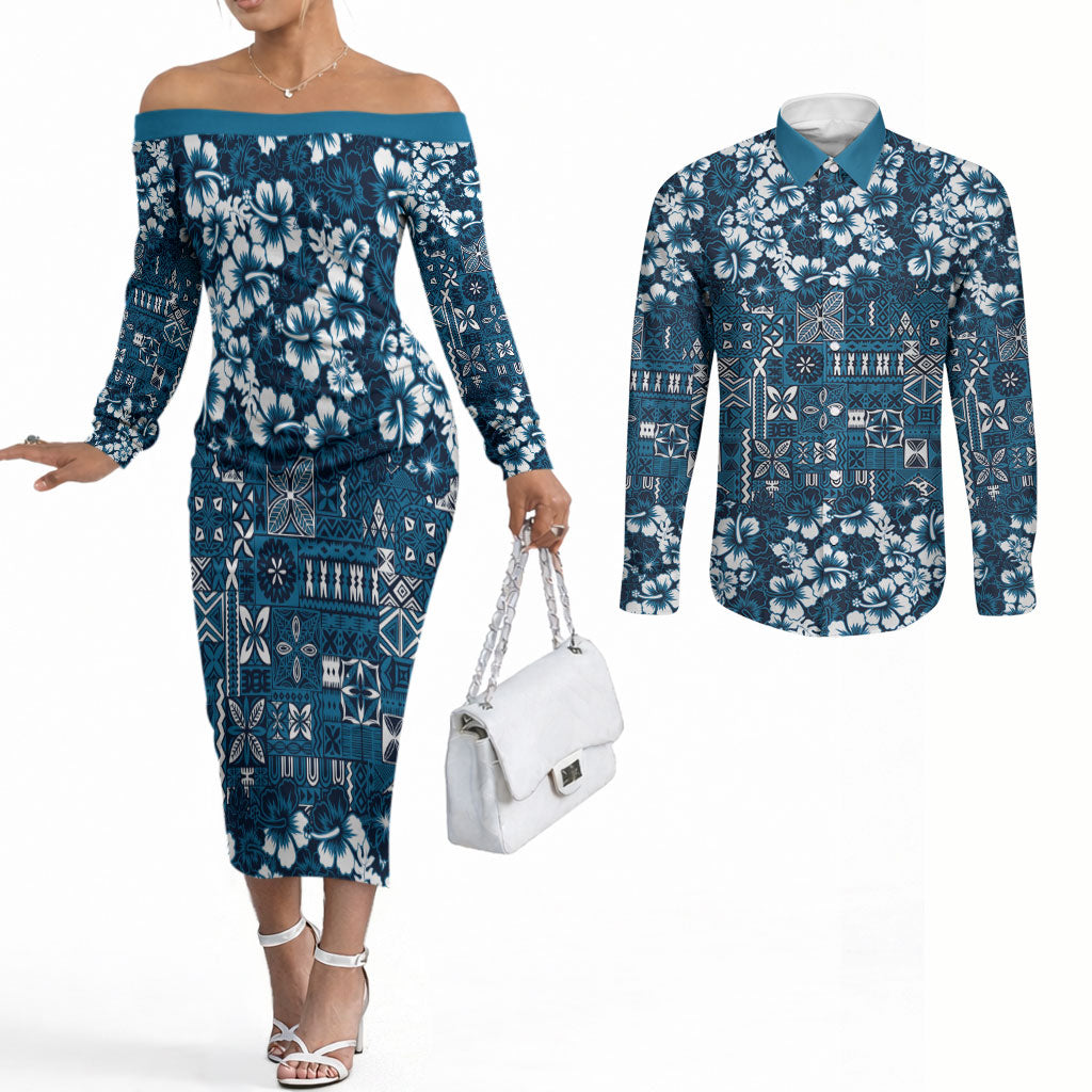 Blue Hawaiian Tapa Tribal Hibiscus Couples Matching Off The Shoulder Long Sleeve Dress and Long Sleeve Button Shirt