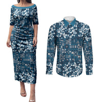 Blue Hawaiian Tapa Tribal Hibiscus Couples Matching Puletasi and Long Sleeve Button Shirt