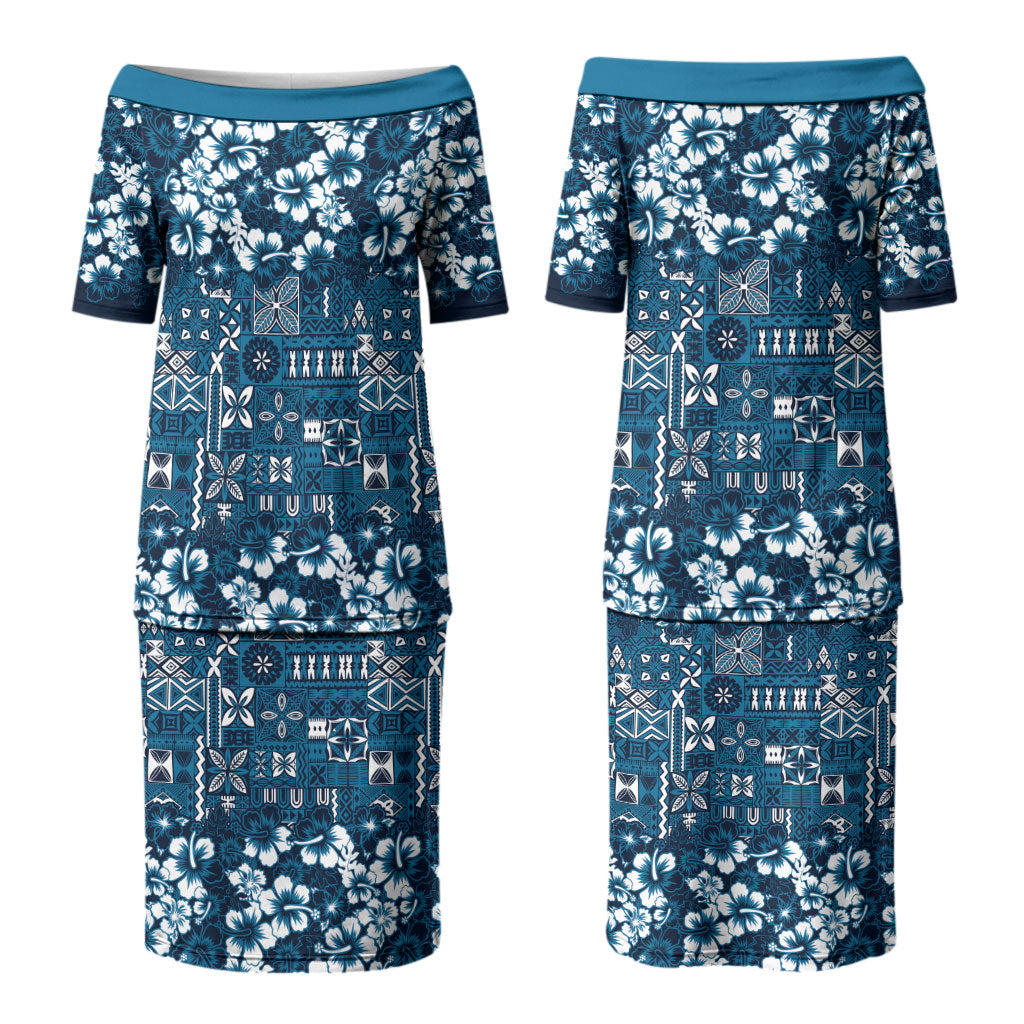 Blue Hawaiian Tapa Tribal Hibiscus Couples Matching Puletasi and Long Sleeve Button Shirt