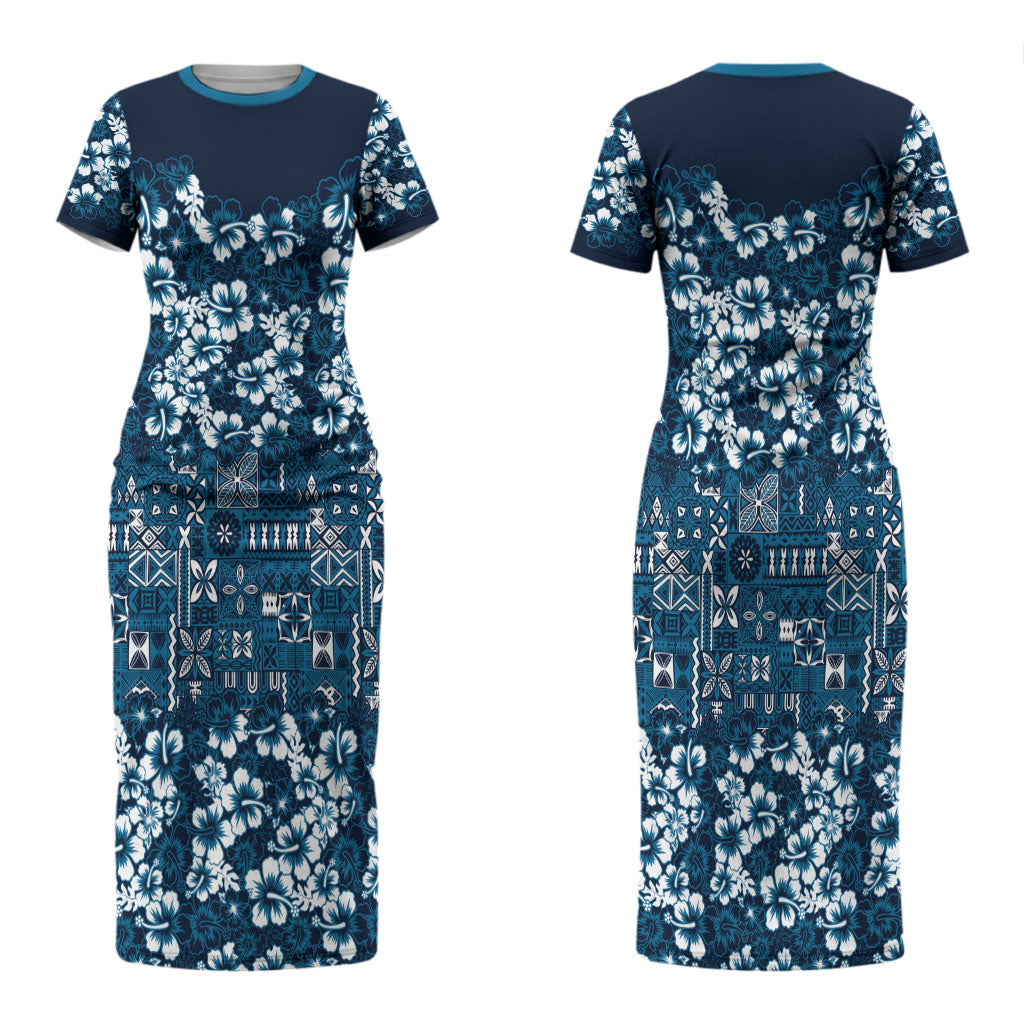 Blue Hawaiian Tapa Tribal Hibiscus Couples Matching Short Sleeve Bodycon Dress and Long Sleeve Button Shirt