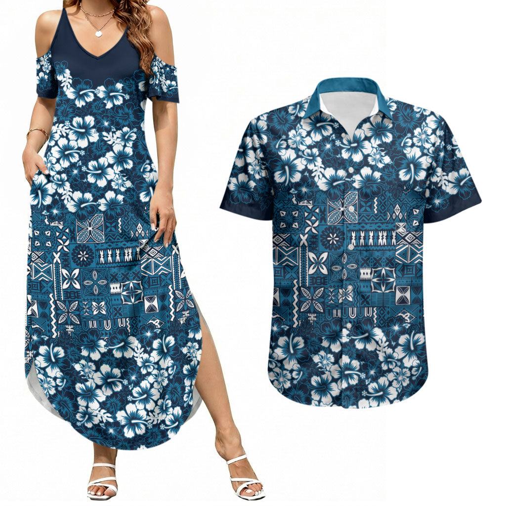 Blue Hawaiian Tapa Tribal Hibiscus Couples Matching Summer Maxi Dress and Hawaiian Shirt