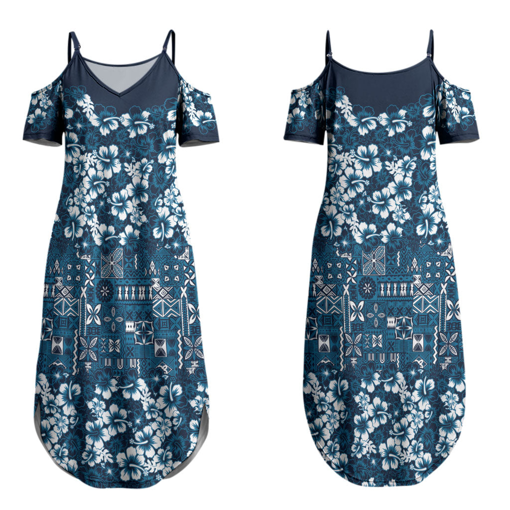 Blue Hawaiian Tapa Tribal Hibiscus Couples Matching Summer Maxi Dress and Hawaiian Shirt
