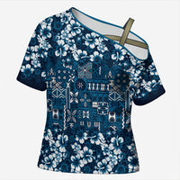 Blue Hawaiian Tapa Tribal Hibiscus Cross Shoulder Shirt