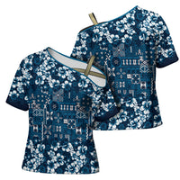 Blue Hawaiian Tapa Tribal Hibiscus Cross Shoulder Shirt