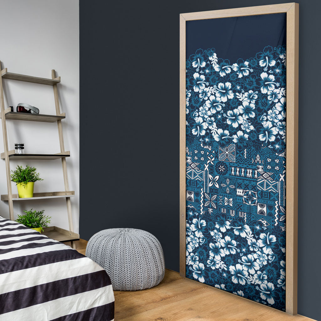 Blue Hawaiian Tapa Tribal Hibiscus Door Cover