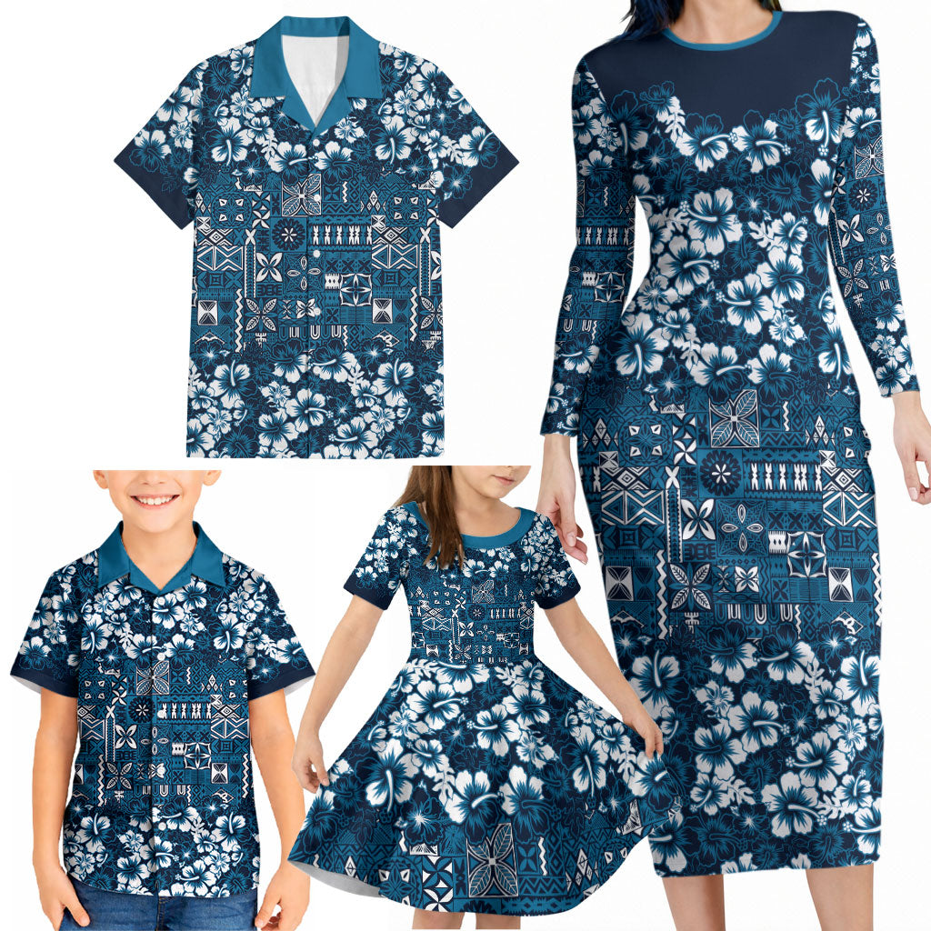 Blue Hawaiian Tapa Tribal Hibiscus Family Matching Long Sleeve Bodycon Dress and Hawaiian Shirt LT9 - Polynesian Pride
