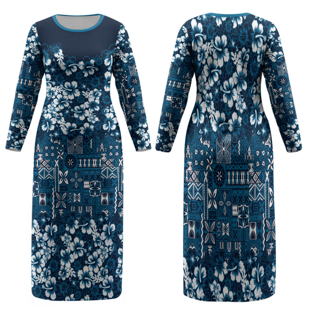 Blue Hawaiian Tapa Tribal Hibiscus Family Matching Long Sleeve Bodycon Dress and Hawaiian Shirt