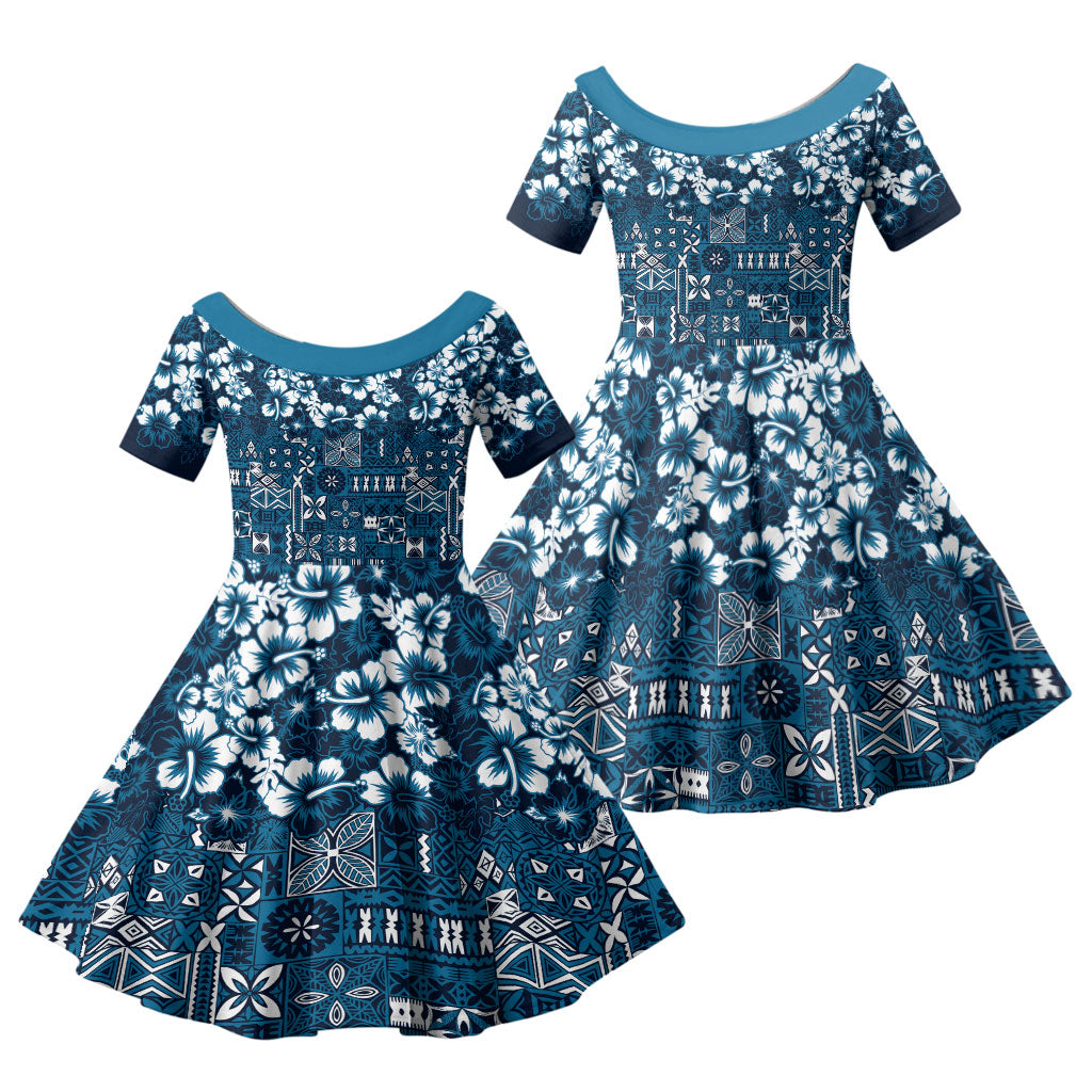 Blue Hawaiian Tapa Tribal Hibiscus Family Matching Long Sleeve Bodycon Dress and Hawaiian Shirt