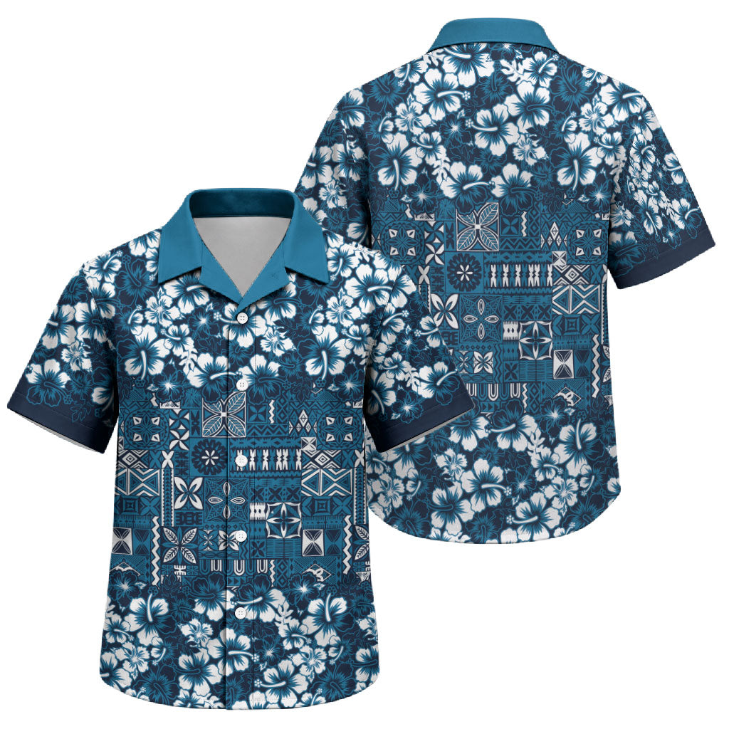 Blue Hawaiian Tapa Tribal Hibiscus Family Matching Long Sleeve Bodycon Dress and Hawaiian Shirt