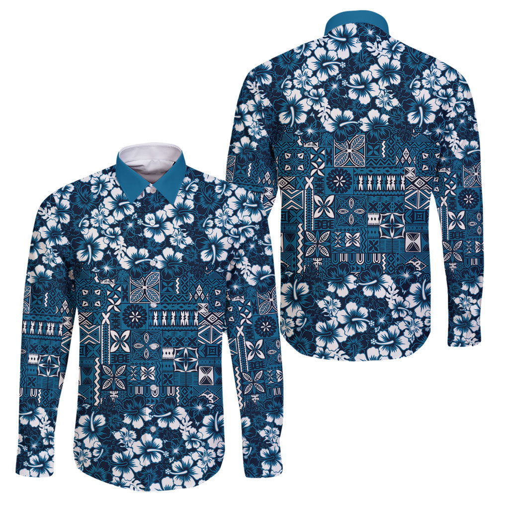 Blue Hawaiian Tapa Tribal Hibiscus Family Matching Mermaid Dress and Hawaiian Shirt