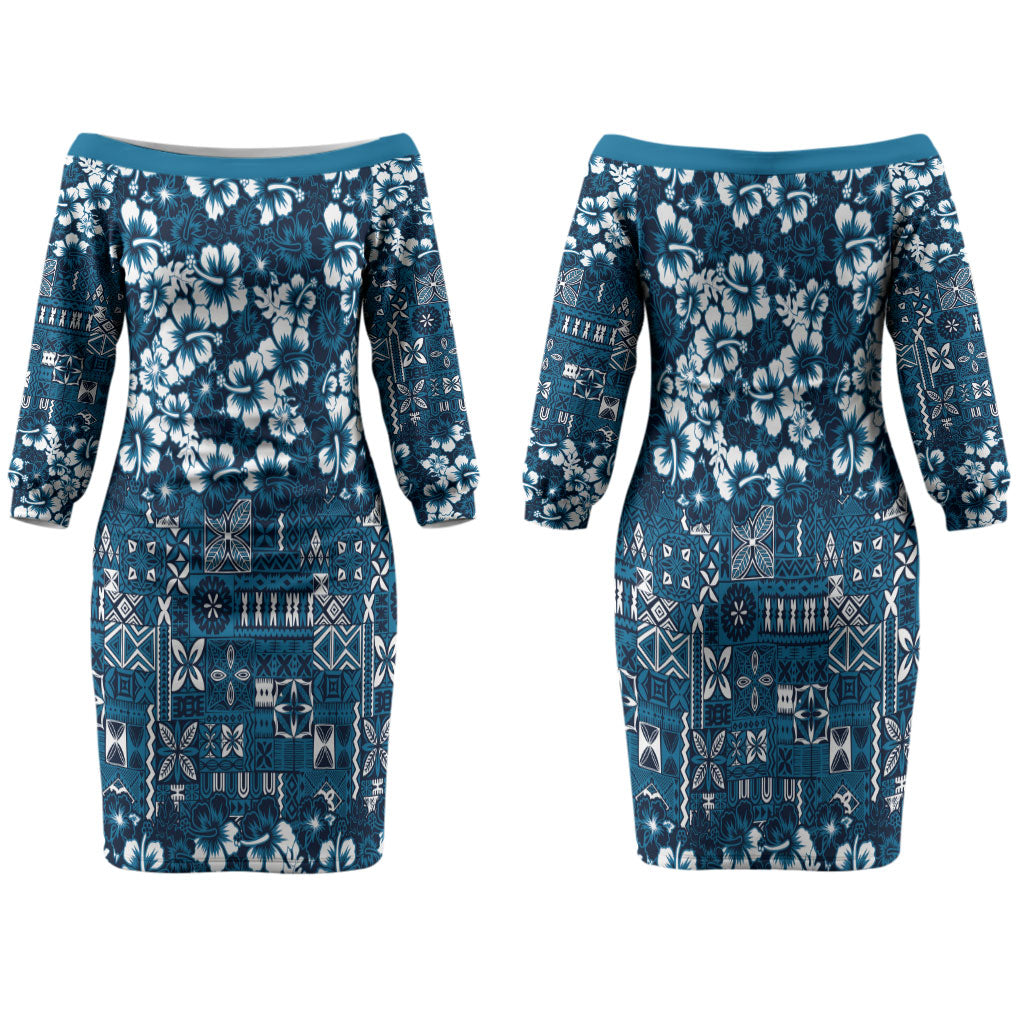 Blue Hawaiian Tapa Tribal Hibiscus Family Matching Off The Shoulder Long Sleeve Dress and Hawaiian Shirt