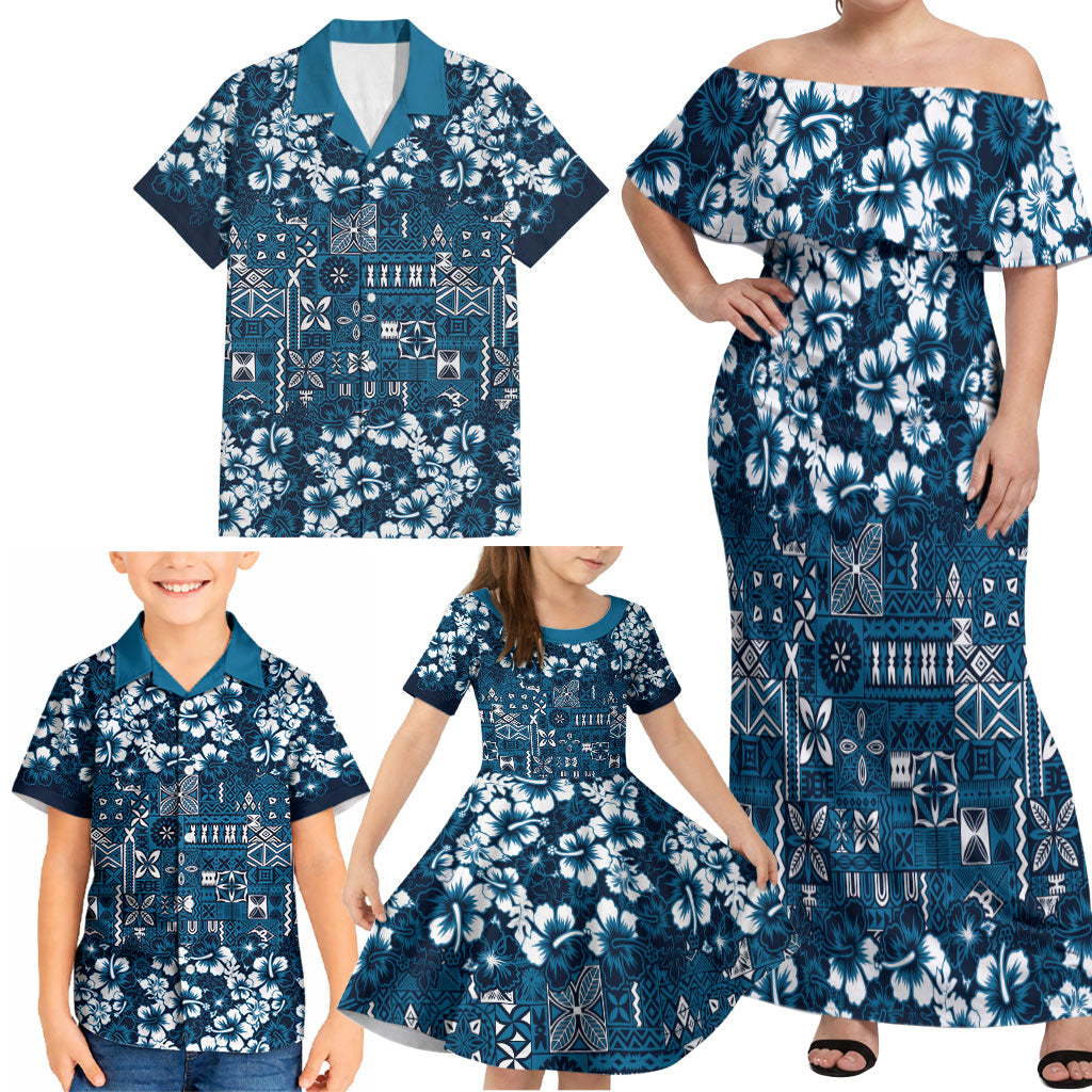 Blue Hawaiian Tapa Tribal Hibiscus Family Matching Off Shoulder Maxi Dress and Hawaiian Shirt