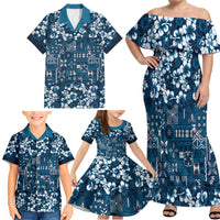 Blue Hawaiian Tapa Tribal Hibiscus Family Matching Off Shoulder Maxi Dress and Hawaiian Shirt