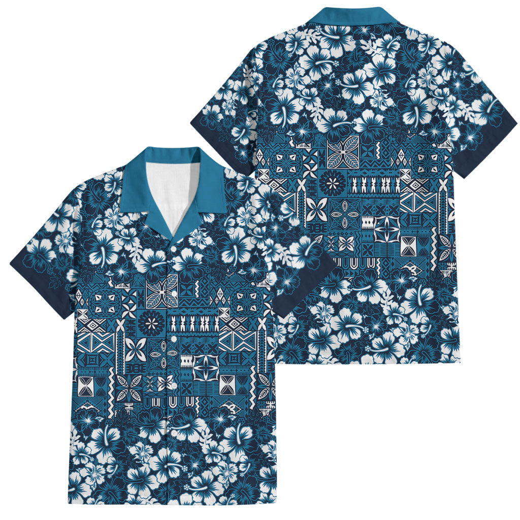 Blue Hawaiian Tapa Tribal Hibiscus Family Matching Off Shoulder Short Dress and Hawaiian Shirt