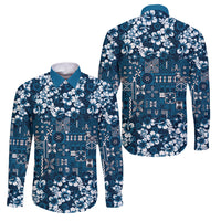 Blue Hawaiian Tapa Tribal Hibiscus Family Matching Off Shoulder Short Dress and Hawaiian Shirt