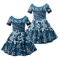 Blue Hawaiian Tapa Tribal Hibiscus Family Matching Off Shoulder Short Dress and Hawaiian Shirt