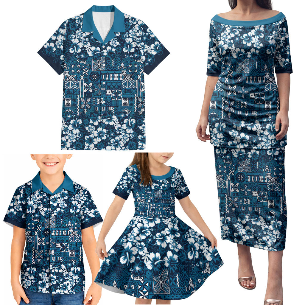 Blue Hawaiian Tapa Tribal Hibiscus Family Matching Puletasi and Hawaiian Shirt