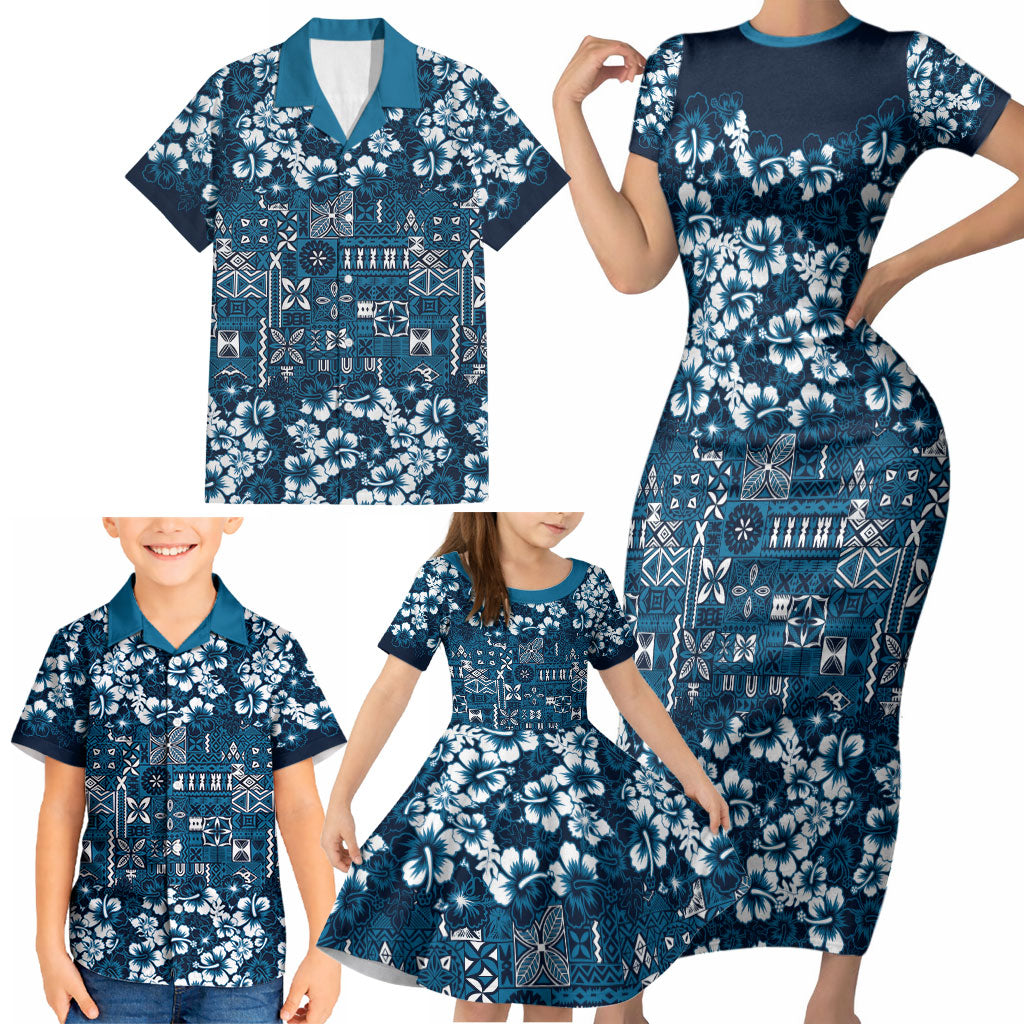 Blue Hawaiian Tapa Tribal Hibiscus Family Matching Short Sleeve Bodycon Dress and Hawaiian Shirt