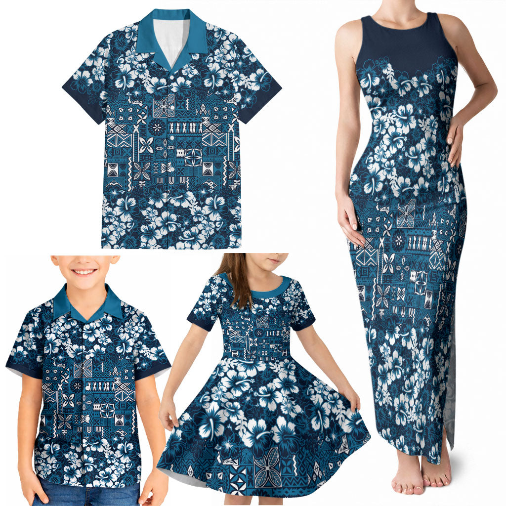 Blue Hawaiian Tapa Tribal Hibiscus Family Matching Tank Maxi Dress and Hawaiian Shirt